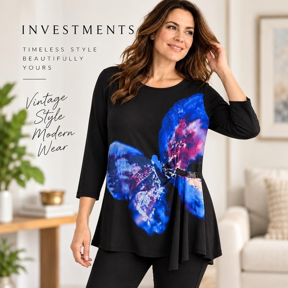 Investments NWT XL Black Blue Abstract Floral Butterfly Tunic Asymmetrical Y2K